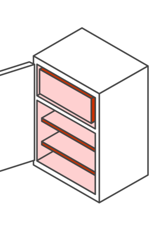 Illustration of dorm-style fridge. Colored in with red to show it should not be used.