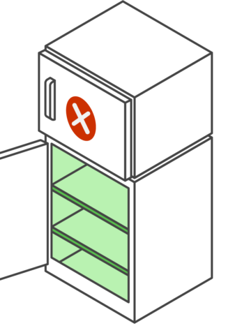 Illustration of home refrigerator and freezer combo. Freezer section has a x-mark over it to show it should not be used.