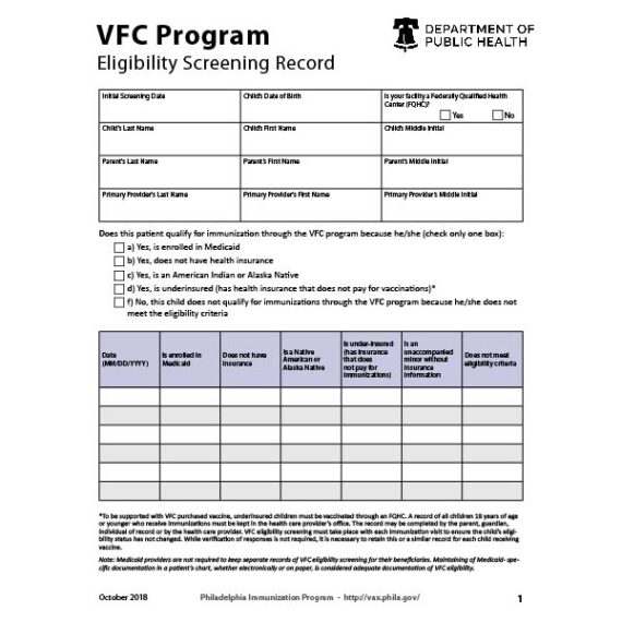 VFC eligibility screening record