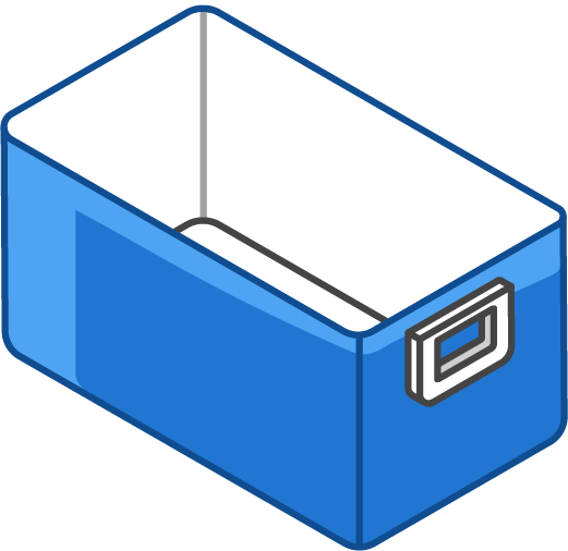 Body of a blue hard-sided cooler with a handle.