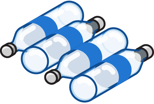 Row of four water bottles with ice inside.