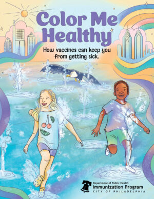 Color me healthy booklet cover. Shows 2 children playing in a fountain.