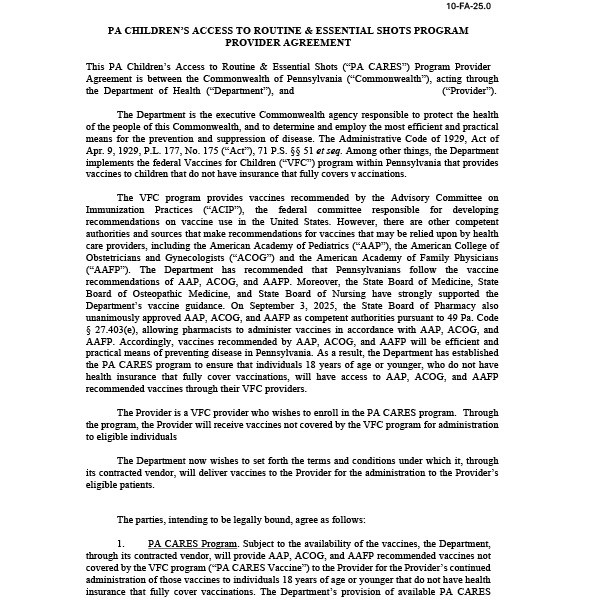 PA CARES provider agreement