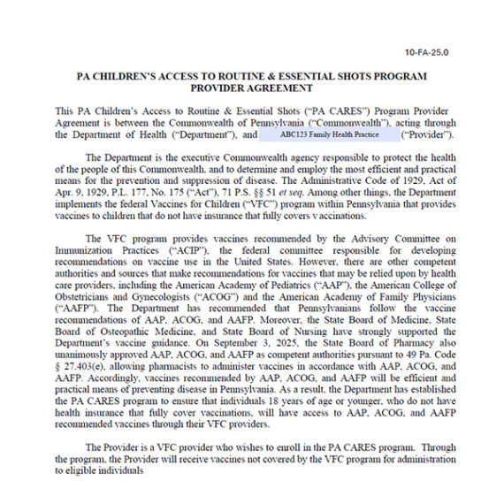 Sample PA CAREs provider agreement form