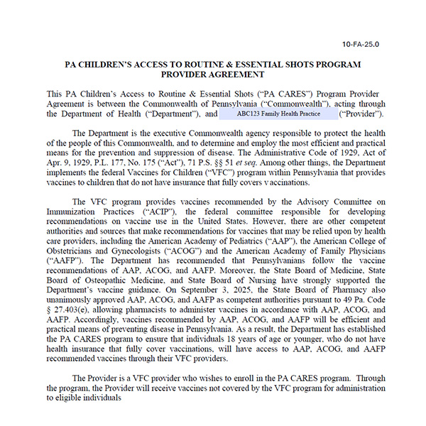 Sample PA CAREs provider agreement form