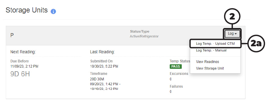 PhilaVax storage unit page, highlights log button.