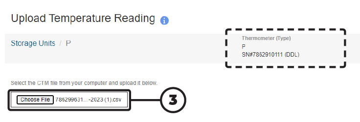 PhilaVax Upload temperature reading page, highlights file names matching.