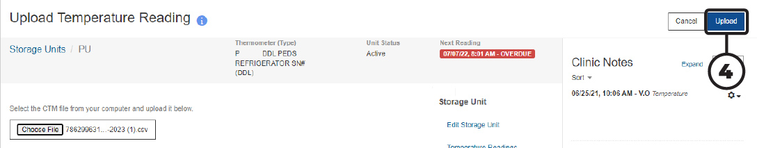PhilaVax upload temperature page , highlights Upload button