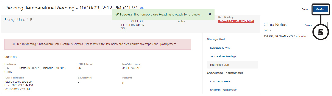 PhilaVax confirm temperature reading page highlighting confirm button.