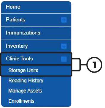 PhilaVax home page, Default clinic, Clinic tools, and storage units buttons.